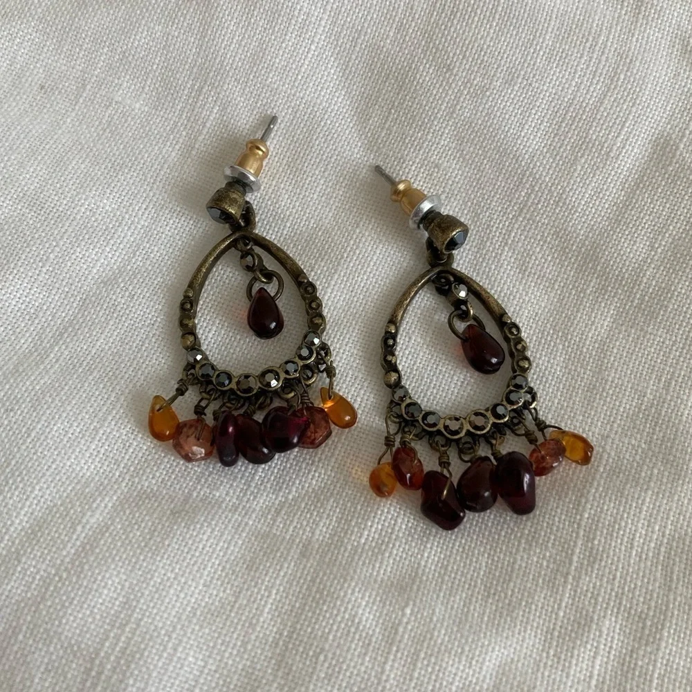 Vintage 1970s Amber Marcasite Teardrop Beaded Drop Hoop Earrings